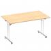 The image shows a dynamic folding table with a maple top, measuring 1400mm in length, in the process of being folded into a rectangular shape. The table has a sturdy and versatile design, making it suitable for various settings and purposes.