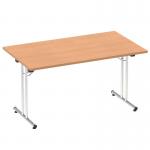 This photo features a sleek and modern 1400mm rectangular table with an oak top, designed for dynamic use. Its impressive folding mechanism allows for easy storage and versatility.