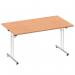 This photo features a sleek and modern 1400mm rectangular table with an oak top, designed for dynamic use. Its impressive folding mechanism allows for easy storage and versatility.
