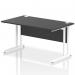 The image shows a sleek and modern 1400 x 800mm rectangular desk with a black top and white cantilever legs. Its dynamic design is perfect for any office space, providing a spacious and efficient work surface.