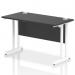 This image features a sleek black rectangle desk with a 1200 x 600mm size. The top is a modern white color and it sits on a sturdy cantilever leg. The desk has a dynamic and functional design, perfect for any office space.