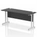 This photograph showcases a modern and sophisticated office desk with a sleek black top and silver cantilever leg. The dynamic rectangular shape brings a sense of energy and motion, making it a stylish addition to any workspace.