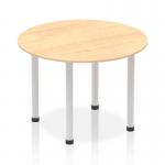 This image features a dynamic round table with a maple top and silver post leg. The table measures 1000mm in diameter.