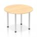 This image features a dynamic round table with a maple top and silver post leg. The table measures 1000mm in diameter.