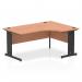 In this image, we see a sleek and modern Dynamic right hand desk with an impulse 1600mm right crescent shape. The office desk features a beech top and a black cable managed leg for a clean and organized workspace.