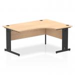 A photo of the Dynamic Right Hand Desks Impulse 1600mm Right Crescent Office Desk shows a modern and functional workspace. The maple top and black cable managed leg provide a sleek and professional look. The desk is spacious with a curved design, allowing for easy movement and ergonomic support.