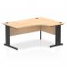 A photo of the Dynamic Right Hand Desks Impulse 1600mm Right Crescent Office Desk shows a modern and functional workspace. The maple top and black cable managed leg provide a sleek and professional look. The desk is spacious with a curved design, allowing for easy movement and ergonomic support.