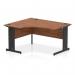 The photo shows a 1400mm left crescent office desk with a dynamic design. It features a walnut top and black cable managed leg, creating a sleek and modern look. The desk is perfect for any office setting, promoting organization and productivity.