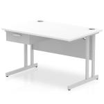 Impulse 1200 x 800mm Straight Office Desk White Top Silver Cantilever Leg Workstation 1 x 1 Drawer Fixed Pedestal I004642