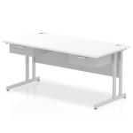 Impulse 1600 x 800mm Straight Office Desk White Top Silver Cantilever Leg Workstation 2 x 1 Drawer Fixed Pedestal I004663
