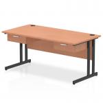 Impulse 1600 x 800mm Straight Office Desk Beech Top Black Cantilever Leg Workstation 2 x 1 Drawer Fixed Pedestal I004700