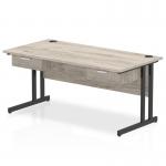 Impulse 1600 x 800mm Straight Office Desk Grey Oak Top Black Cantilever Leg Workstation 2 x 1 Drawer Fixed Pedestal I004702