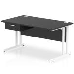 Impulse 1400 x 800mm Straight Office Desk Black Top White Cantilever Leg Workstation 1 x 1 Drawer Fixed Pedestal I004729