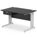 Impulse 1200 x 800mm Straight Office Desk Black Top Silver Cable Managed Leg Workstation 1 x 1 Drawer Fixed Pedestal I004764