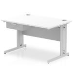 Impulse 1200 x 800mm Straight Office Desk White Top Silver Cable Managed Leg Workstation 1 x 1 Drawer Fixed Pedestal I004768
