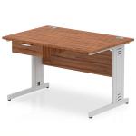 Impulse 1200 x 800mm Straight Office Desk Walnut Top Silver Cable Managed Leg Workstation 1 x 1 Drawer Fixed Pedestal I004769