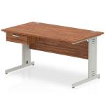 Impulse 1400 x 800mm Straight Office Desk Walnut Top Silver Cable Managed Leg Workstation 1 x 1 Drawer Fixed Pedestal I004776