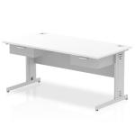 Impulse 1600 x 800mm Straight Office Desk White Top Silver Cable Managed Leg Workstation 2 x 1 Drawer Fixed Pedestal I004789