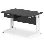 Impulse 1200 x 800mm Straight Office Desk Black Top White Cable Managed Leg Workstation 1 x 1 Drawer Fixed Pedestal I004848