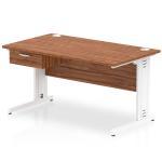 Impulse 1400 x 800mm Straight Office Desk Walnut Top White Cable Managed Leg Workstation 1 x 1 Drawer Fixed Pedestal I004860