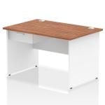 Impulse 1200 x 800mm Straight Office Desk Walnut Top White Panel End Leg Workstation 1 x 1 Drawer Fixed Pedestal I004936
