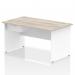 The photograph shows a sleek and modern 1400 x 800mm straight office desk with a grey oak top and white panel end legs. The desk also features a 1 drawer fixed pedestal for storage and organization. The overall look is clean and stylish, making it a great addition to any workspace.