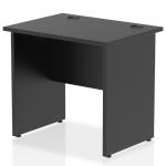 This photograph captures a sleek and modern office desk with a black top, dynamic panel end legs, and dimensions of 800 x 600mm. The straight design adds a contemporary touch to any workspace.