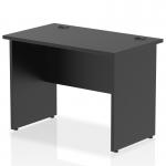 This image features a sleek black top panel end leg desk, measuring 1000 x 600mm, part of the Dynamic Panel End Desks Impulse series. The desk has a straight design and a modern, professional appearance.