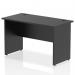 This photograph showcases a modern office desk from the Impulse collection. It features a sleek black top and sturdy panel end legs. The desk measures 1200 x 600mm and has a straight design, perfect for a dynamic and productive workspace.