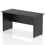 This image showcases a sleek and modern black top desk, 1400 x 600mm in size, with panel end legs for a sturdy base. The dynamic design adds a touch of style to any office space.