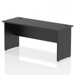 The photograph displays a sleek and modern office desk with a black top and panel end legs. The desk measures 1600 x 600mm and has a straight design, perfect for a dynamic and efficient workspace.