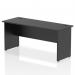 The photograph displays a sleek and modern office desk with a black top and panel end legs. The desk measures 1600 x 600mm and has a straight design, perfect for a dynamic and efficient workspace.