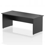 This photo showcases a modern and stylish office desk with a black top and sleek panel end legs. The straight design and size of 1800 x 800mm make it ideal for any office space. The desk exudes a dynamic and professional feel, perfect for any workplace setting.