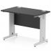 This photograph showcases a sleek and modern Dynamic Cable Managed Desk. It features a black top, complemented by silver cable managed legs. The desk measures at 1000 x 600mm and has a straight design, making it perfect for any office space.