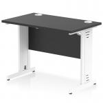 This picture features a sleek Dynamic Cable Managed Desks Impulse straight office desk, measuring 1000 x 600mm. The desk has a black top and a white cable managed leg, providing a clean and organized workspace. Perfect for any modern office setting.