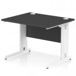 This photo features a sleek black office desk, measuring 1000 x 800mm, with a white cable managed leg for a clean and organized workspace. The dynamic design is perfect for a modern and efficient office setting.