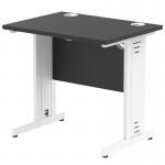 This picture shows a sleek and modern black top office desk, with white cable managed legs to keep wires organized and out of sight. The desk measures 800 x 600mm and is part of the Impulse series, known for its dynamic cable management design.