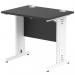 This picture shows a sleek and modern black top office desk, with white cable managed legs to keep wires organized and out of sight. The desk measures 800 x 600mm and is part of the Impulse series, known for its dynamic cable management design.