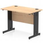 This photograph features a sleek and modern dynamic cable managed desk, measuring 1000 x 600mm with a maple top and black cable managed leg. The desk is straight, providing a spacious and organized work surface for any office.