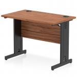 The image shows a sleek walnut top office desk measuring 1000 x 600mm. Its straight design is accentuated by black cable managed legs, providing a dynamic and stylish appearance. Perfect for a modern and organized workspace.