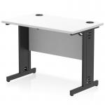 This photo features a Dynamic Cable Managed desk from the Impulse series. The desk has a sleek white top and black cable managed legs. It measures 1000 x 600mm and has a straight design. The neat and organized cable management system can be seen in the photo.