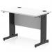 This photo features a Dynamic Cable Managed desk from the Impulse series. The desk has a sleek white top and black cable managed legs. It measures 1000 x 600mm and has a straight design. The neat and organized cable management system can be seen in the photo.