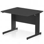 This picture shows a sleek, modern office desk with a black top and black cable managed legs. It is 1000 x 800mm in size and designed for dynamic cable management. The desk has a straight design and is perfect for any professional workspace.