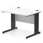 The picture shows a white 1000 x 800mm straight office desk with a black cable managed leg. The desk is designed with dynamic cable management to keep cords organized and tidy. This modern and sleek desk is perfect for any workspace.