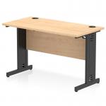 The photo features a sturdy and modern office desk with a maple top and black cable managed legs. The cable management system ensures a clean and organized workspace. Its straight design, measuring 1200 x 600mm, offers a spacious and versatile surface for work or study.