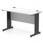 The Dynamic Cable Managed Desk Impulse contains a white and black finish, with a sleek and modern design. The desk is a straight office desk with dimensions of 1200 x 600mm and offers effective cable management for a tidy workspace.