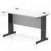 The Dynamic Cable Managed Desk Impulse contains a white and black finish, with a sleek and modern design. The desk is a straight office desk with dimensions of 1200 x 600mm and offers effective cable management for a tidy workspace.