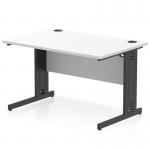 The photo shows a sleek and modern white desk with a black cable managed leg. The desk has a straight design and measures 1200 x 800mm. The cables are neatly organized and hidden, providing a clean and professional workspace.