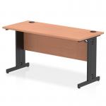 The photograph shows a sleek and modern dynamic cable managed desk with a beech top and black cable managed leg. The straight design measures 1400 x 600mm and exudes a professional and organized look for any office space.