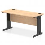 This picture features a sleek and modern Impulse 1400 x 600mm straight office desk with a maple top and black cable managed leg. The dynamic design allows for versatile cable management, keeping cords organized and out of sight. Perfect for any office space, this desk offers both functionality and style.